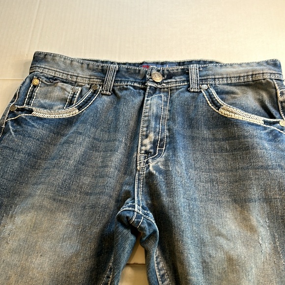 1738 Dynasty Blue Denim Distressed Embroidered Back Pocket Jeans. Size 36 - Picture 3 of 15